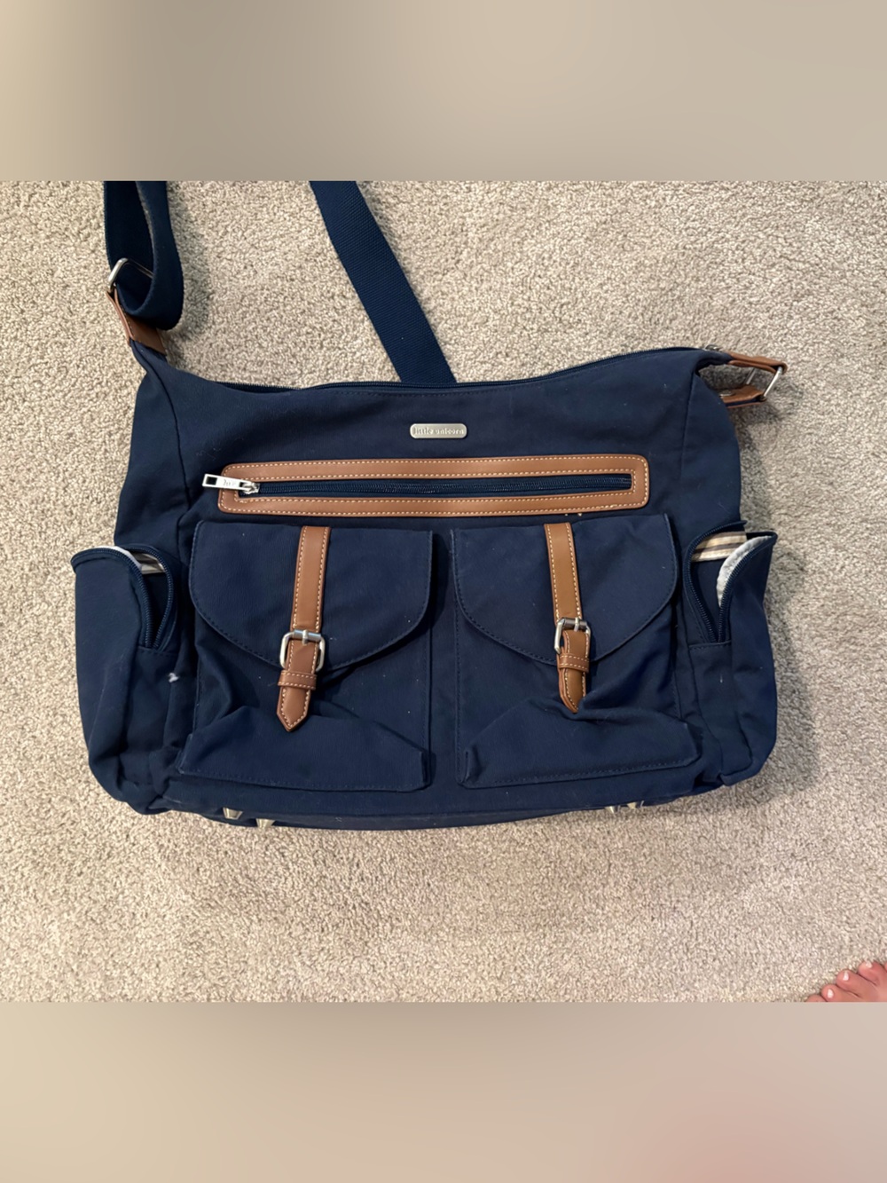 Little Unicorn Diaper Messenger Bag with Brown Trim